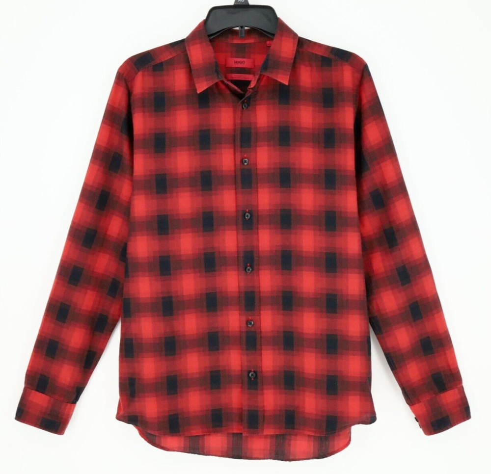 Hugo Boss Shirt Mens Small Red Black Plaid Cotton Blend Casual Straight Fit
